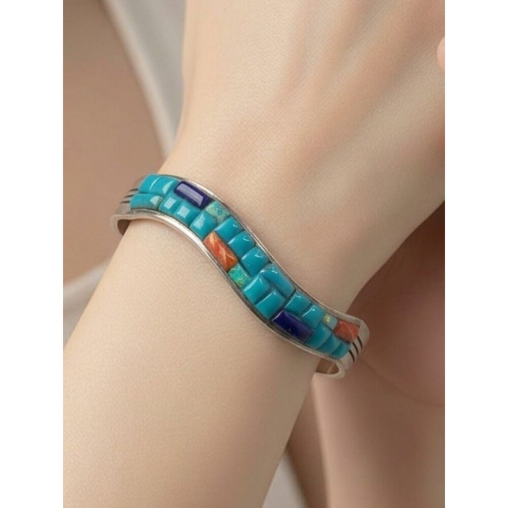 Vintage CW Sterling Silver Inlaid Turquoise Cuff Bracelet